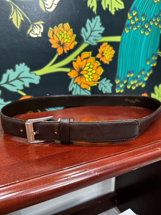 Vintage Dior Leather Belt Brown Gold Silver Buckle Low Waist Size Small main image 4